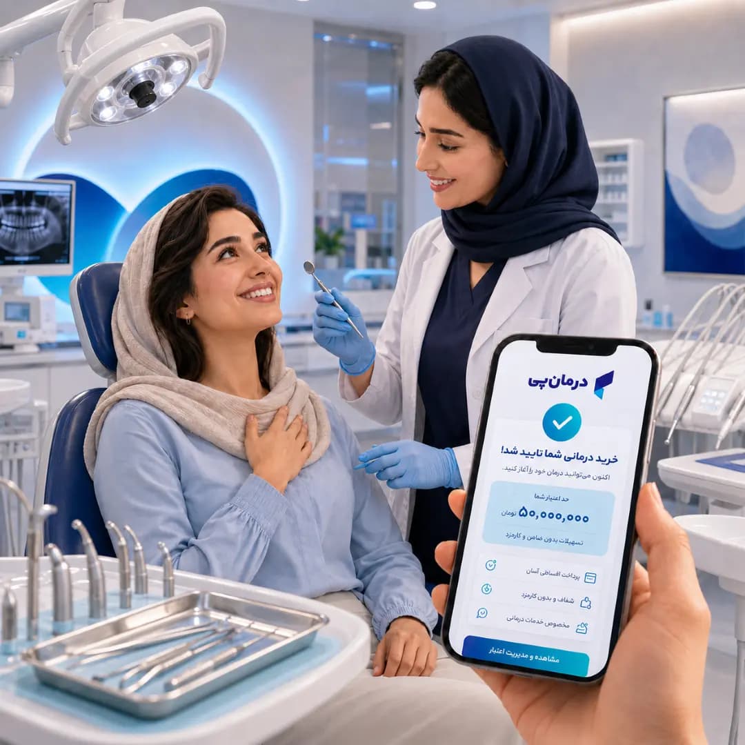بیمار و پزشک در کلینیک با تأیید اعتبار درمانپی روی موبایل